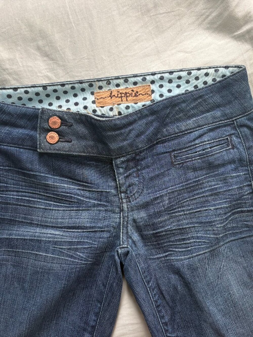 Y2K Low Waisted Jeans Dark Wash Double Button Bootcut Jeans Polka Dot Lining